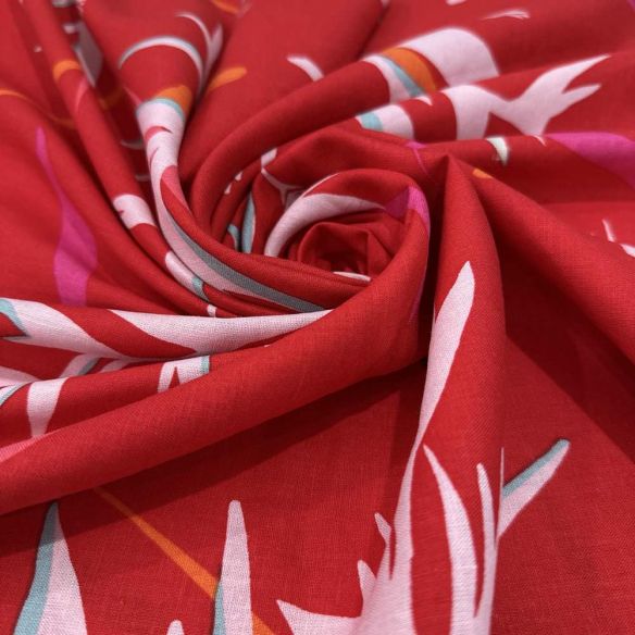 Tecido Linho Misto Folhagens Fundo Vermelho • Luema Tecidos