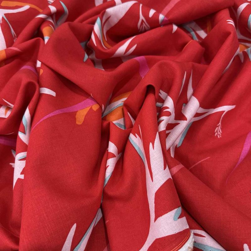 Tecido Linho Misto Folhagens Fundo Vermelho • Luema Tecidos