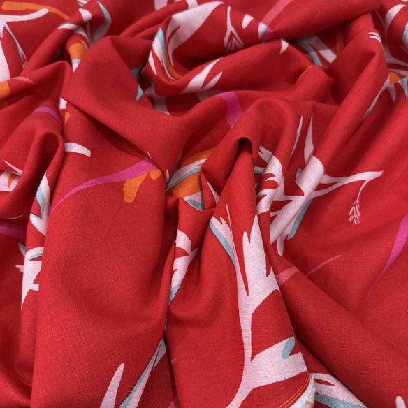 Tecido Linho Misto Folhagens Fundo Vermelho • Luema Tecidos
