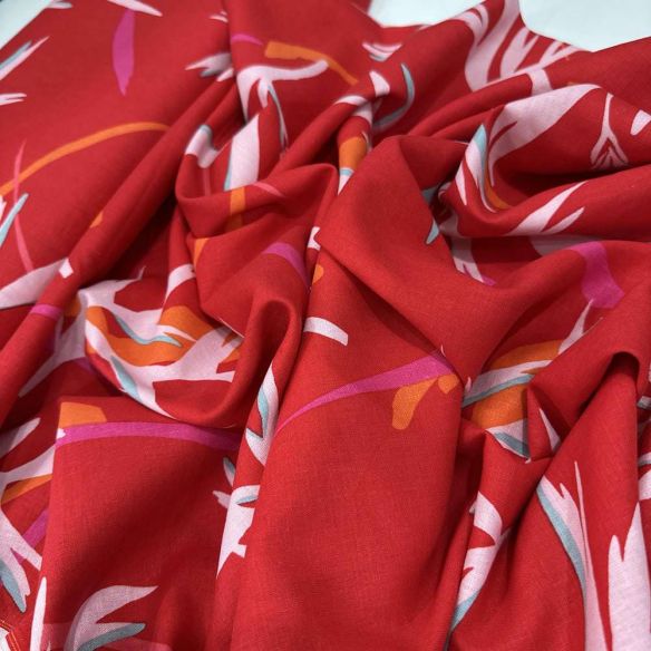 Tecido Linho Misto Folhagens Fundo Vermelho • Luema Tecidos