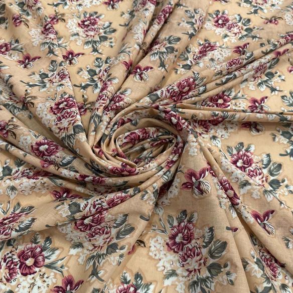 Tecido Cambraia de Algodão Estampado Floral Fundo Nude • Luema Tecidos