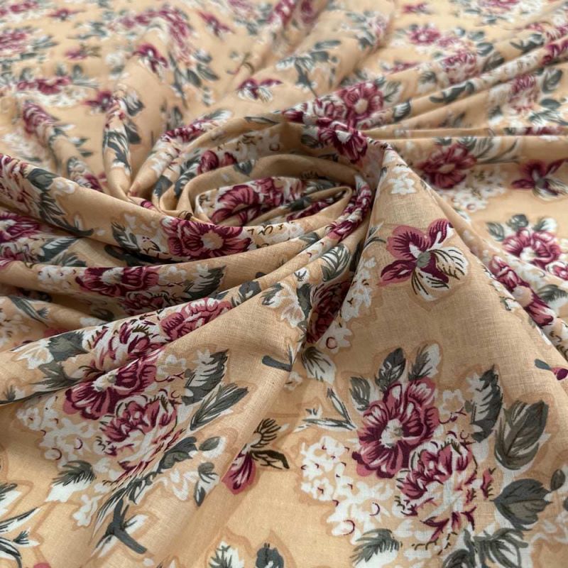 Tecido Cambraia de Algodão Estampado Floral Fundo Nude • Luema Tecidos