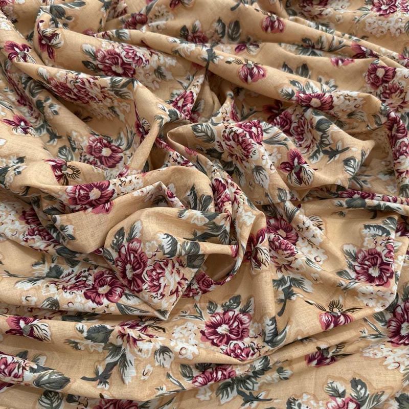 Tecido Cambraia de Algodão Estampado Floral Fundo Nude • Luema Tecidos
