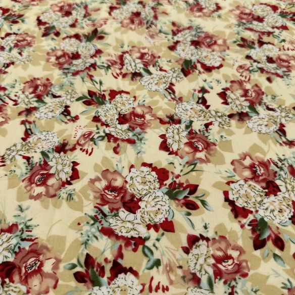 Tecido Cambraia de Algodão Estampado Floral Fundo Bege • Luema Tecidos