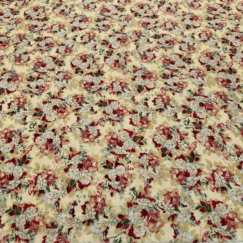 Tecido Cambraia de Algodão Estampado Floral Fundo Bege • Luema Tecidos