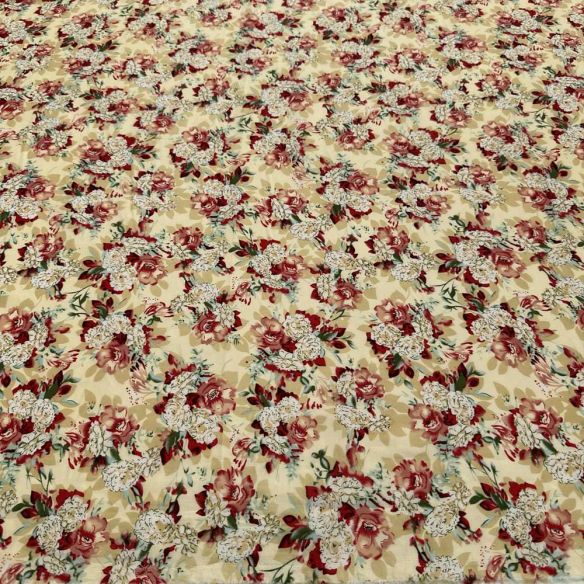 Tecido Cambraia de Algodão Estampado Floral Fundo Bege • Luema Tecidos