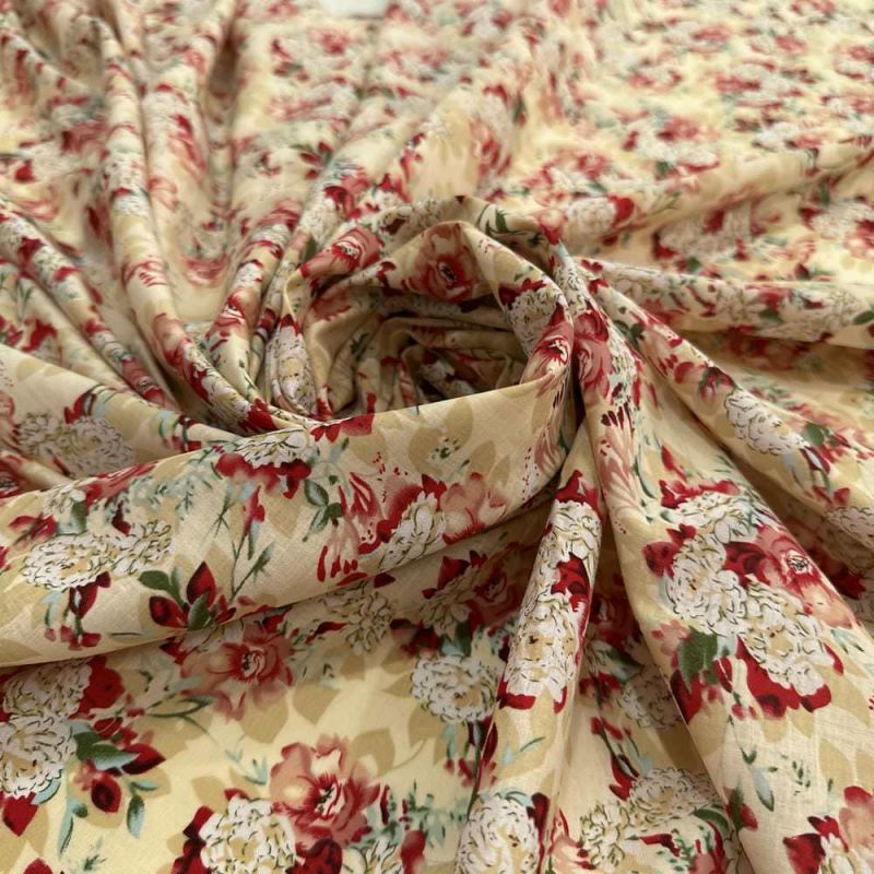 Tecido Cambraia de Algodão Estampado Floral Fundo Bege • Luema Tecidos