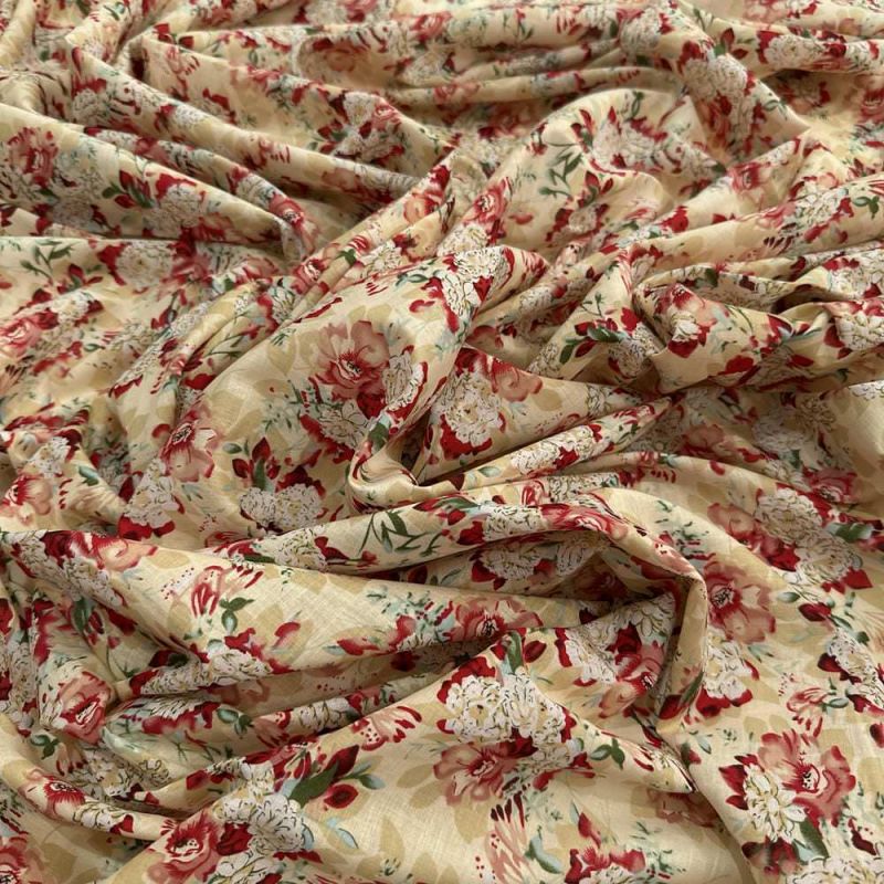 Tecido Cambraia de Algodão Estampado Floral Fundo Bege • Luema Tecidos