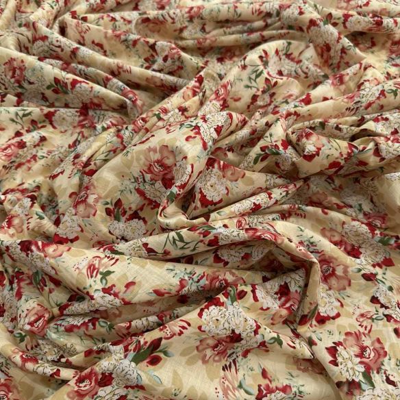 Tecido Cambraia de Algodão Estampado Floral Fundo Bege • Luema Tecidos