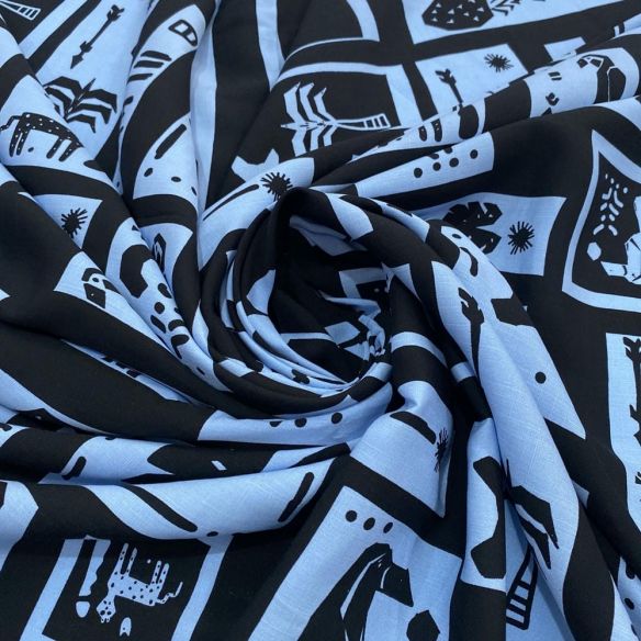 Tecido Viscolinho Estampado Quadros Preto e Azul • Luema Tecidos