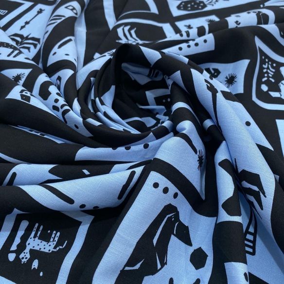 Tecido Viscolinho Estampado Quadros Preto e Azul • Luema Tecidos
