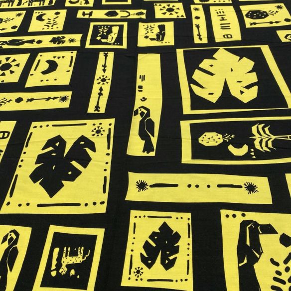 Tecido Viscolinho Estampado Quadros Preto e Amarelo • Luema Tecidos