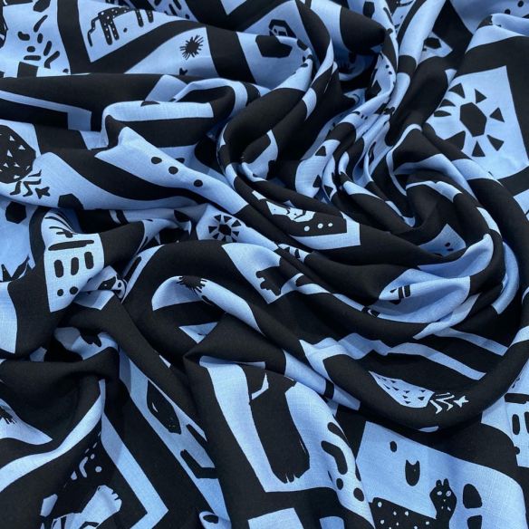 Tecido Viscolinho Estampado Quadros Preto e Azul • Luema Tecidos