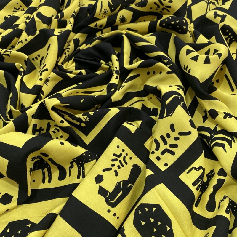 Tecido Viscolinho Estampado Quadros Preto e Amarelo • Luema Tecidos