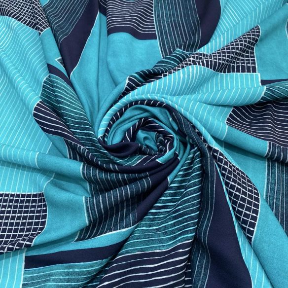 Tecido Crepe Viscose Estampada Quadros Azul • Luema Tecidos