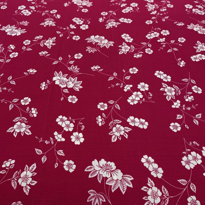 Tecido Viscolinho Estampado Floral Branco Fundo Vermelho • Luema Tecidos