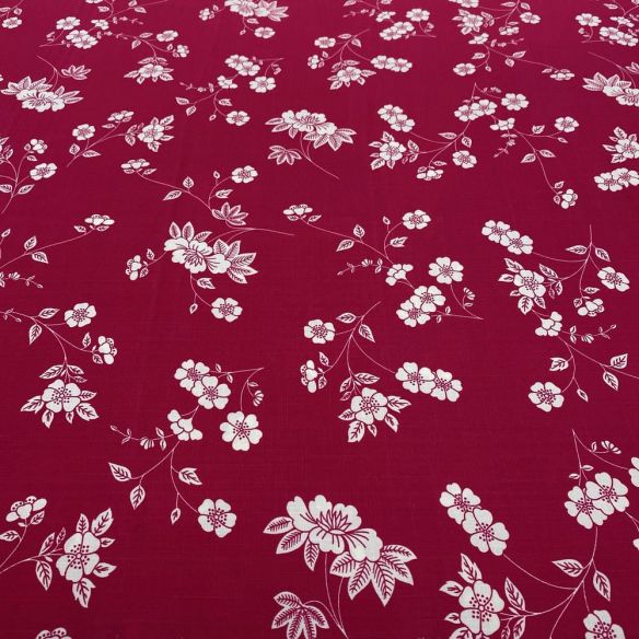 Tecido Viscolinho Estampado Floral Branco Fundo Vermelho • Luema Tecidos