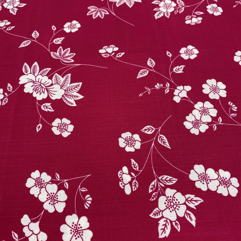 Tecido Viscolinho Estampado Floral Branco Fundo Vermelho • Luema Tecidos