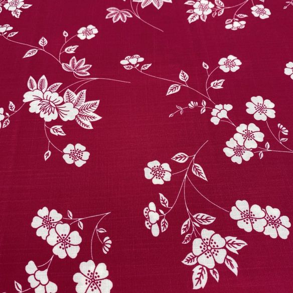 Tecido Viscolinho Estampado Floral Branco Fundo Vermelho • Luema Tecidos