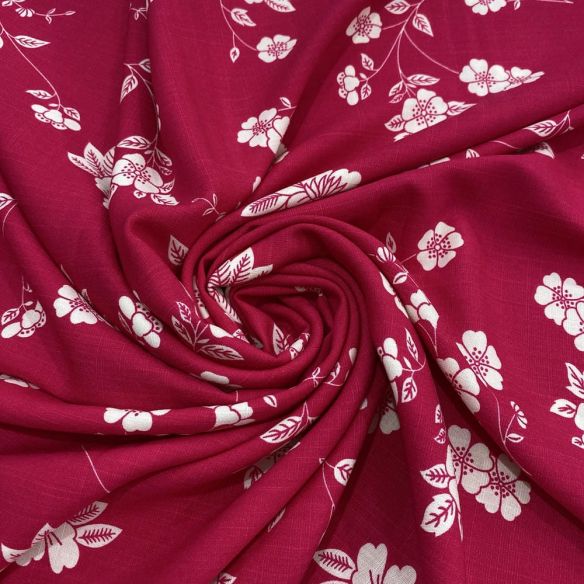 Tecido Viscolinho Estampado Floral Branco Fundo Vermelho • Luema Tecidos