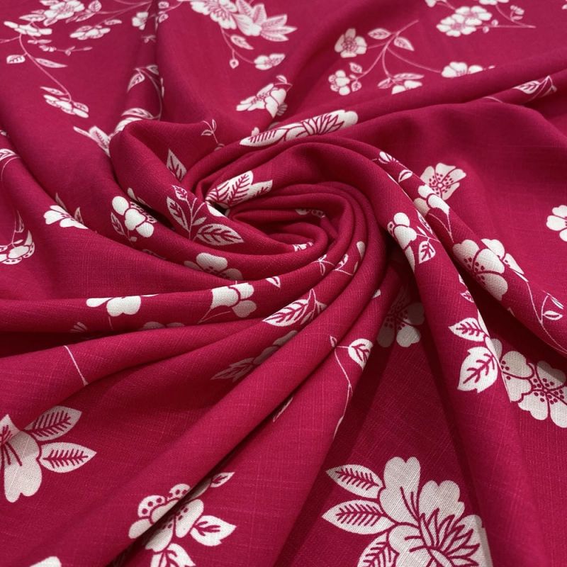 Tecido Viscolinho Estampado Floral Branco Fundo Vermelho • Luema Tecidos