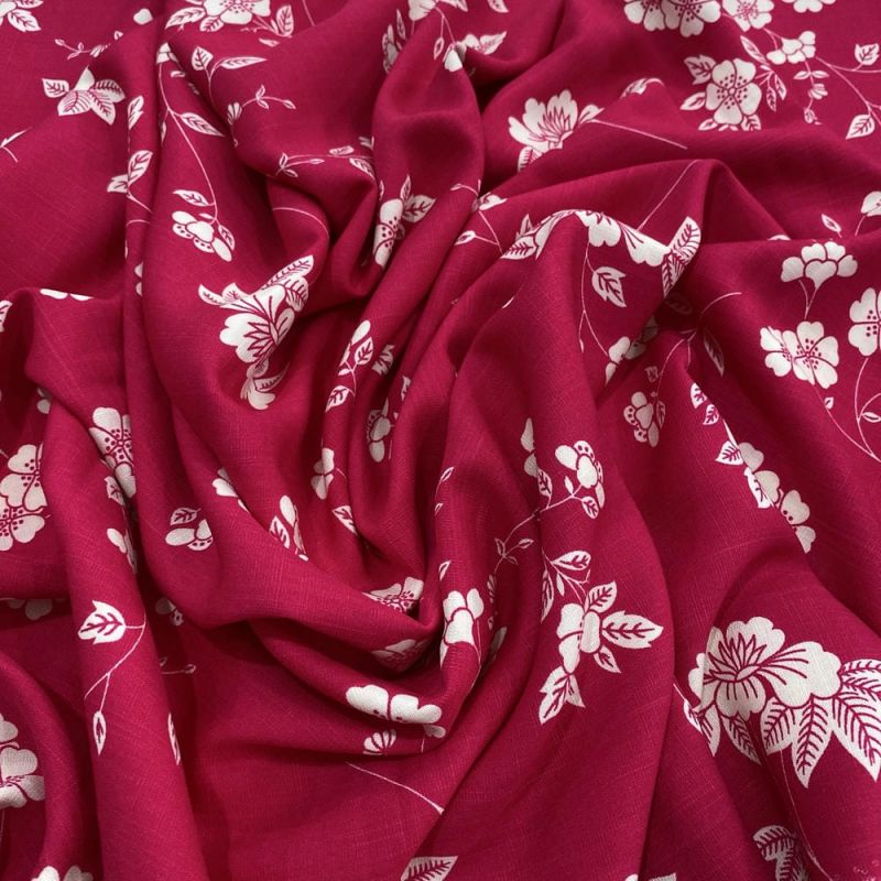Tecido Viscolinho Estampado Floral Branco Fundo Vermelho • Luema Tecidos