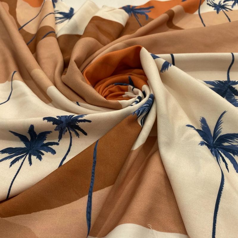 Tecido Viscose Estampada Praia e Coqueiros • Luema Tecidos