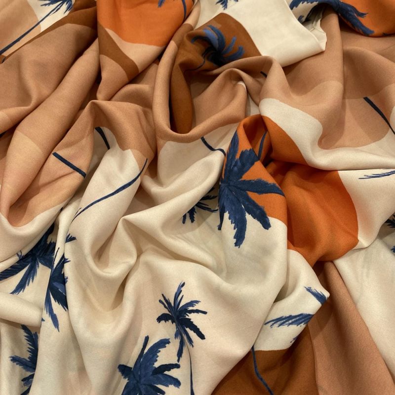 Tecido Viscose Estampada Praia e Coqueiros • Luema Tecidos