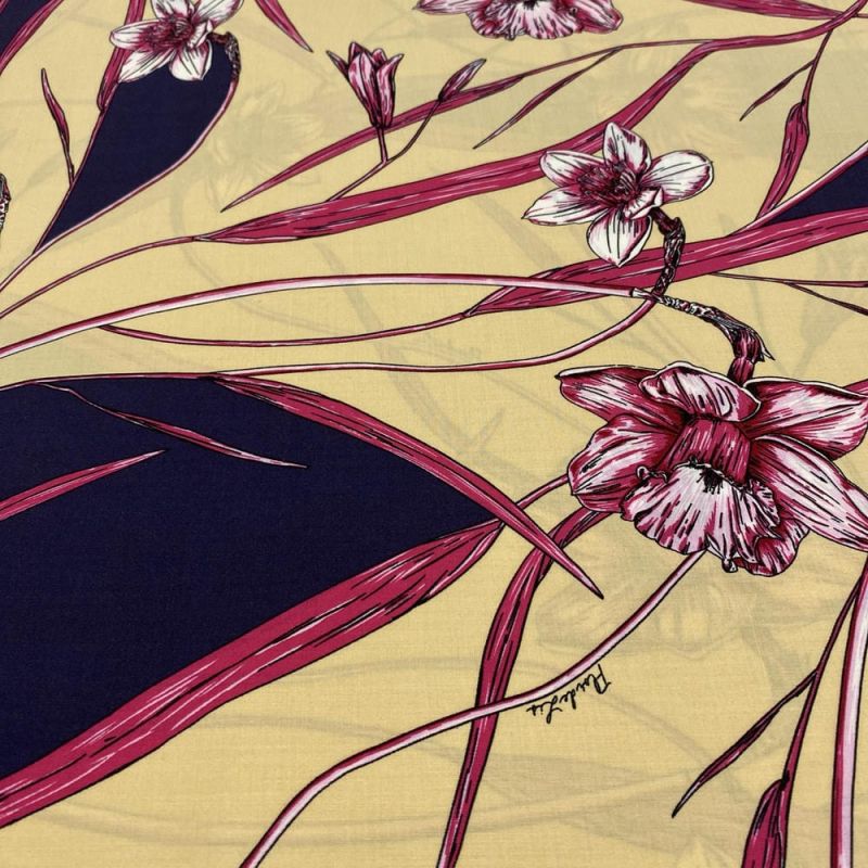 Tecido Viscose Estampada Floral Amarelo FDL • Luema Tecidos