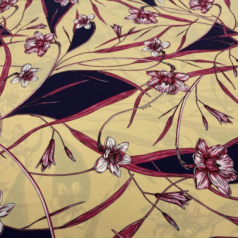 Tecido Viscose Estampada Floral Amarelo FDL • Luema Tecidos