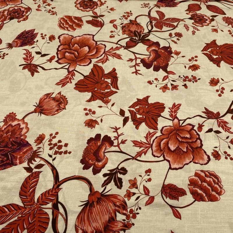 Tecido Viscose Estampada Floral Vermelho Fundo Bege • Luema Tecidos
