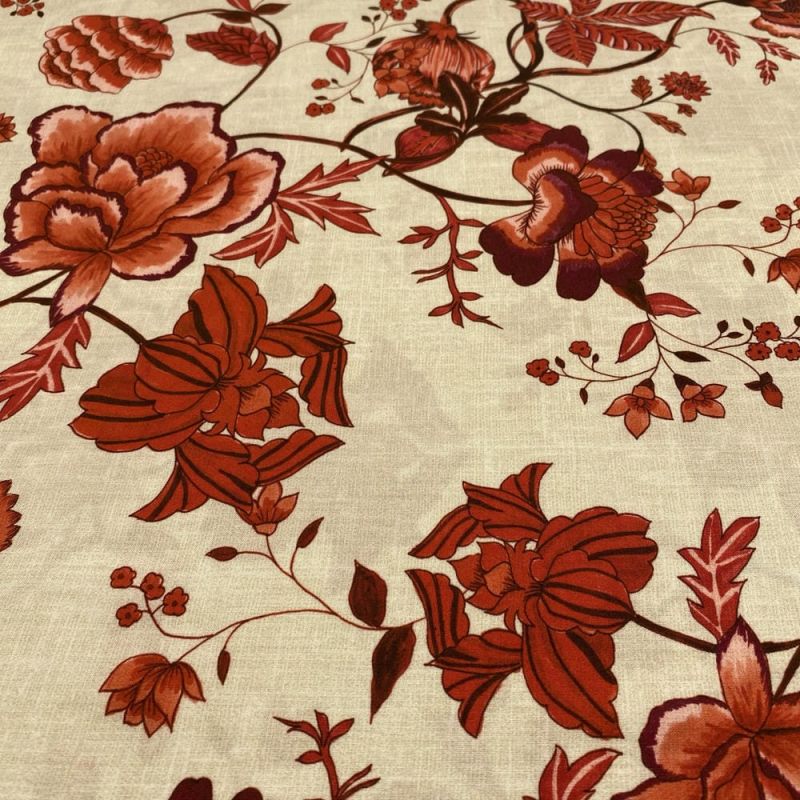 Tecido Viscose Estampada Floral Vermelho Fundo Bege • Luema Tecidos