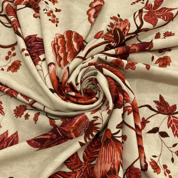 Tecido Viscose Estampada Floral Vermelho Fundo Bege • Luema Tecidos