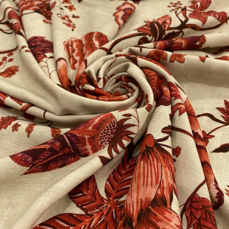 Tecido Viscose Estampada Floral Vermelho Fundo Bege • Luema Tecidos