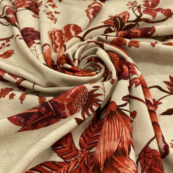 Tecido Viscose Estampada Floral Vermelho Fundo Bege • Luema Tecidos