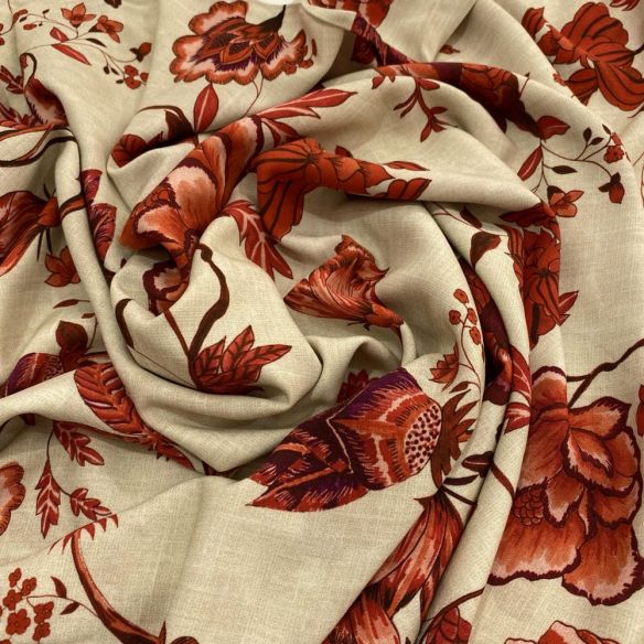 Tecido Viscose Estampada Floral Vermelho Fundo Bege • Luema Tecidos