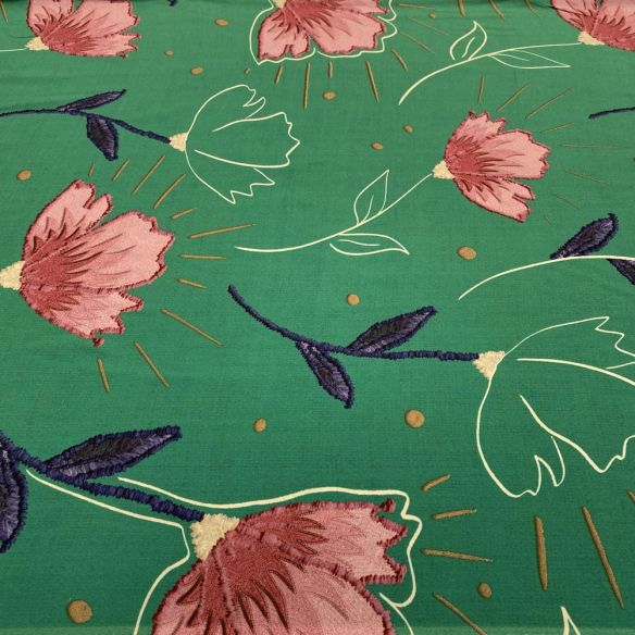 Tecido Viscose Estampada Flores Fundo Verde • Luema Tecidos