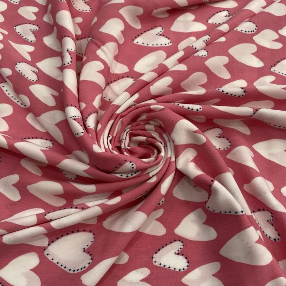 Tecido Viscose Estampada Corações Fundo Pink • Luema Tecidos