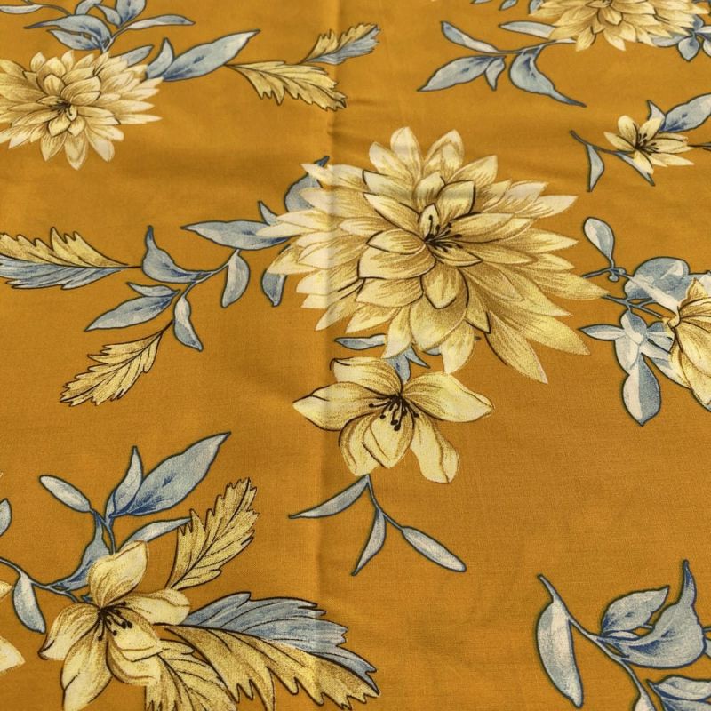 Tecido Viscose Estampada Floral Fundo Mostarda • Luema Tecidos