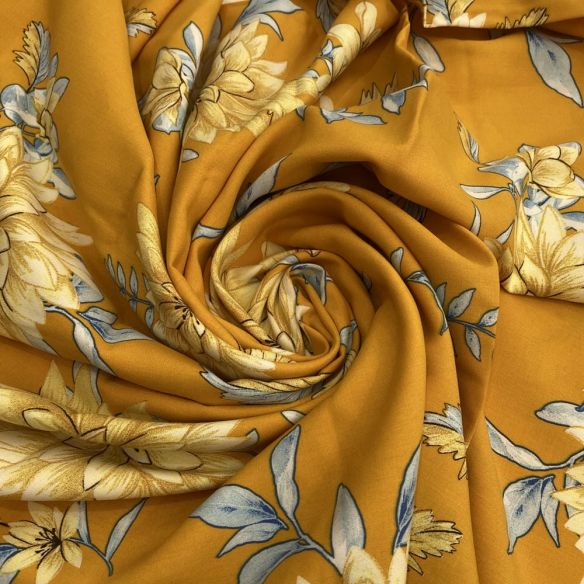 Tecido Viscose Estampada Floral Fundo Mostarda • Luema Tecidos