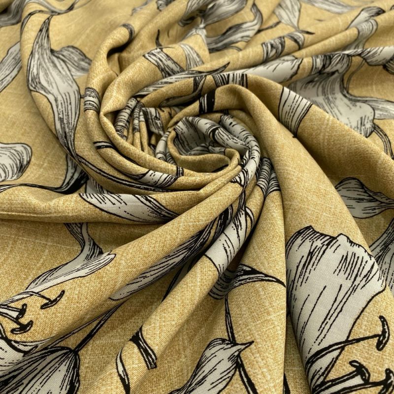 Tecido Viscose Estampada Floral Branco Fundo Bege • Luema Tecidos