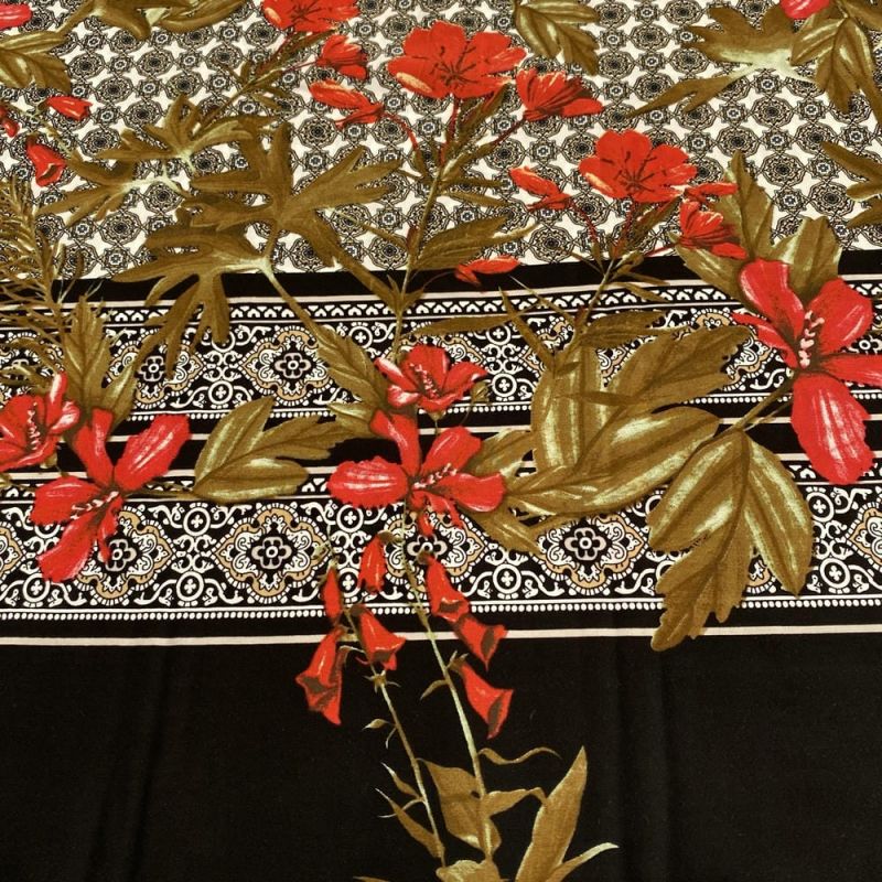 Tecido Viscose Barrada Preto e Floral • Luema Tecidos