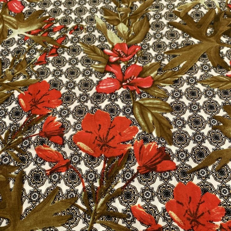 Tecido Viscose Barrada Preto e Floral • Luema Tecidos