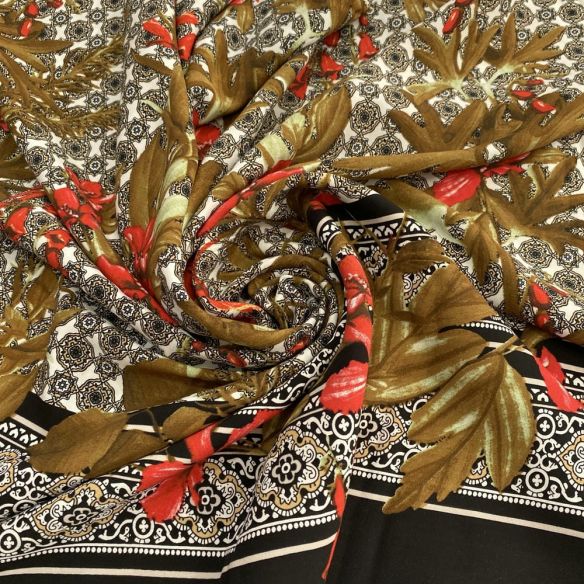 Tecido Viscose Barrada Preto e Floral • Luema Tecidos