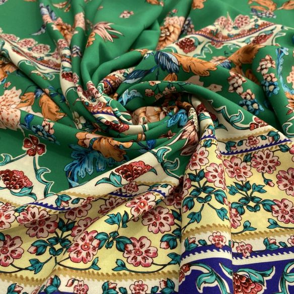 Tecido Viscose Barrada Azul e Fundo Verde • Luema Tecidos