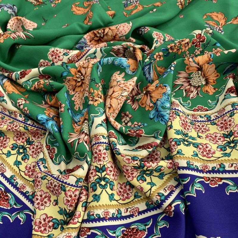 Tecido Viscose Barrada Azul e Fundo Verde • Luema Tecidos