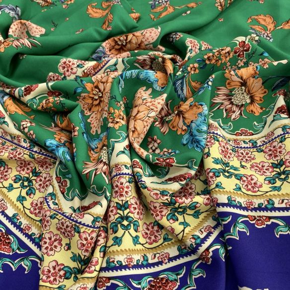 Tecido Viscose Barrada Azul e Fundo Verde • Luema Tecidos