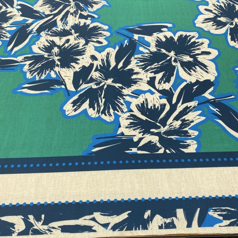 Tecido Malha Fluity Floral Verde Barrado Azul • Luema Tecidos