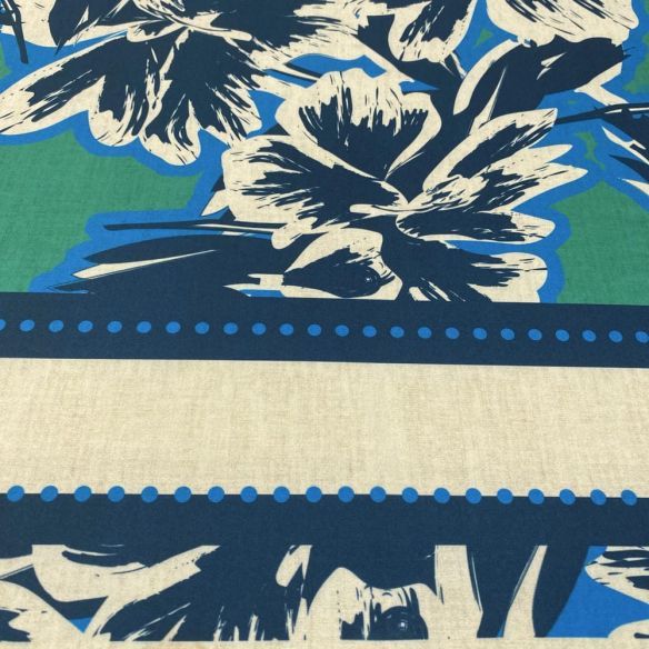 Tecido Malha Fluity Floral Verde Barrado Azul • Luema Tecidos