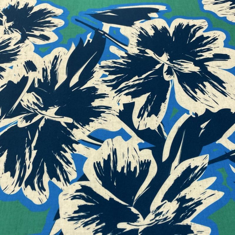 Tecido Malha Fluity Floral Verde Barrado Azul • Luema Tecidos